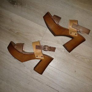 Musse & Cloud  Brown and Tan Leather Platform Sandals, Size 7